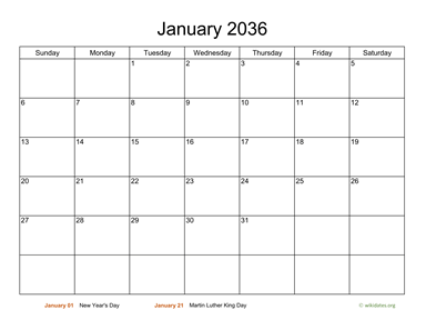 Monthly Basic Calendar for 2036