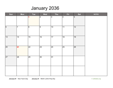 Monthly 2036 Calendar with Notes