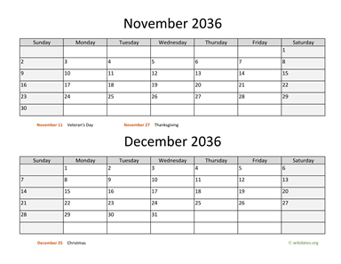 November and December 2036 Calendar Horizontal