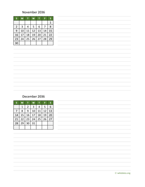 November and December 2036 Calendar with Notes