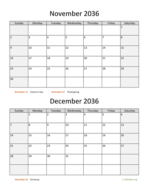 November and December 2036 Calendar Vertical