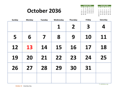 October 2036 Calendar with Extra-large Dates
