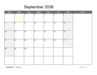 September 2036 Calendar with Notes