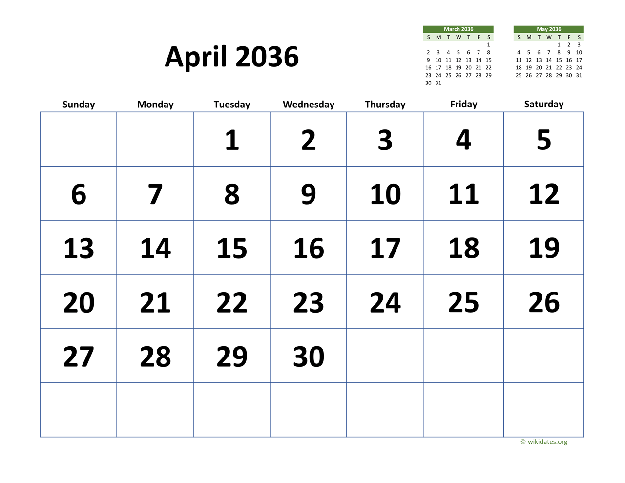 April 2036 Calendar with Extralarge Dates