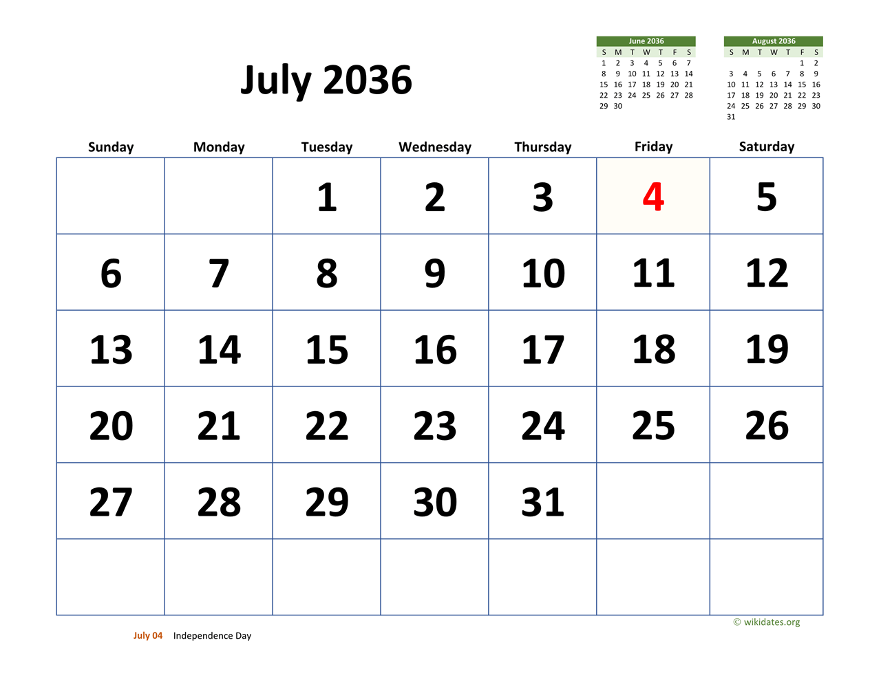 July 2036 Calendar with Extra-large Dates | WikiDates.org