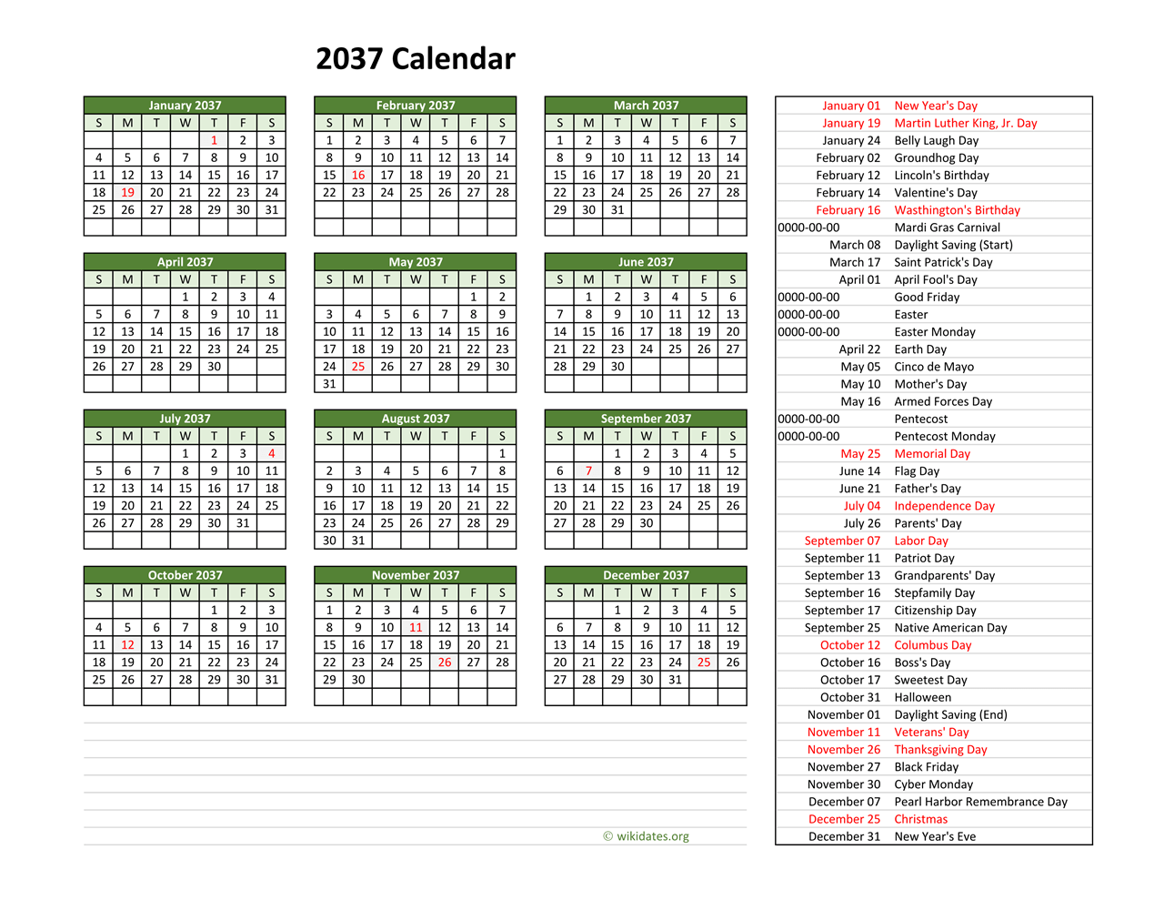2037 Calendar with US Holidays