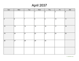 April 2037 Calendar with Weekend Shaded