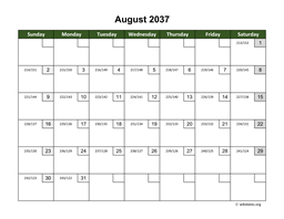 August 2037 Calendar with Day Numbers
