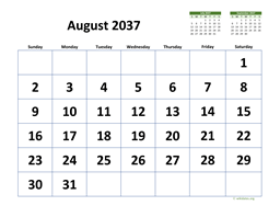 August 2037 Calendar with Extra-large Dates