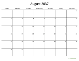 August 2037 Calendar with Bigger boxes