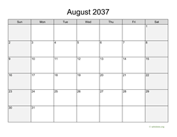 August 2037 Calendar with Weekend Shaded