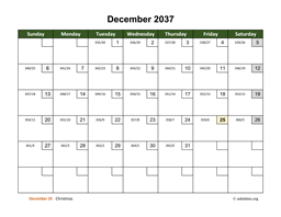 December 2037 Calendar with Day Numbers