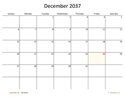 December 2037 Calendar with Bigger boxes