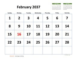 February 2037 Calendar with Extra-large Dates