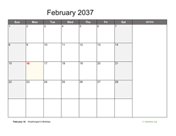 February 2037 Calendar with Notes