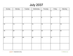 Basic Calendar for July 2037
