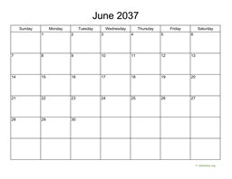 Basic Calendar for June 2037