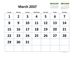 March 2037 Calendar with Extra-large Dates