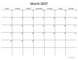 March 2037 Calendar with Bigger boxes