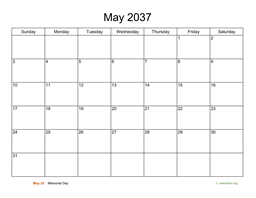 Basic Calendar for May 2037