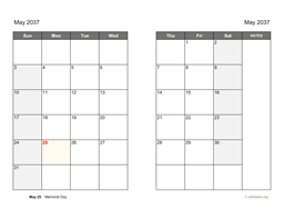 May 2037 Calendar on two pages