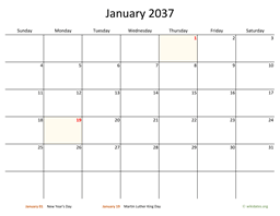 Monthly 2037 Calendar with Bigger boxes
