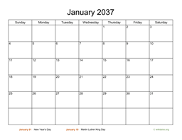 Monthly Basic Calendar for 2037