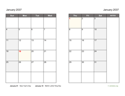 Monthly 2037 Calendar on two pages
