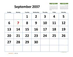 September 2037 Calendar with Extra-large Dates