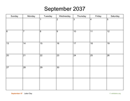 Basic Calendar for September 2037
