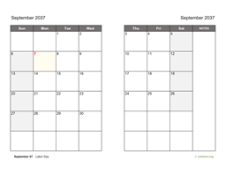 September 2037 Calendar on two pages