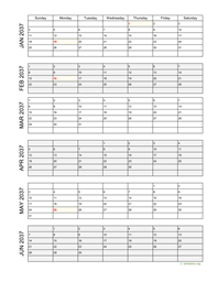 six months 2037 calendar vertical