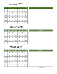 three months 2037 calendar vertical with notes