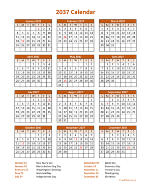 Calendar 2037 Vertical
