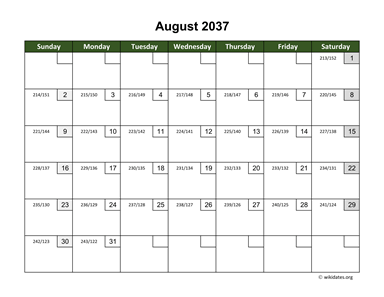 August 2037 Calendar with Day Numbers