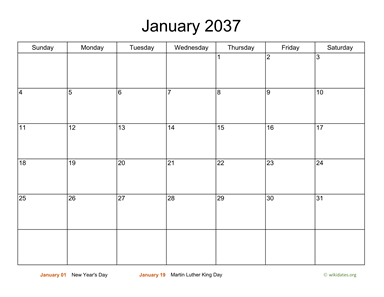Basic Calendar for January 2037