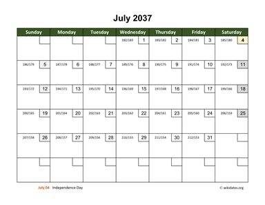 July 2037 Calendar with Day Numbers
