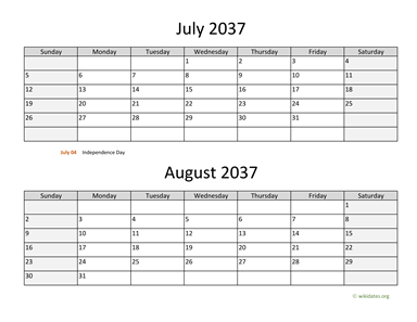 July and August 2037 Calendar Horizontal