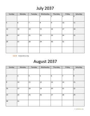 July and August 2037 Calendar Vertical