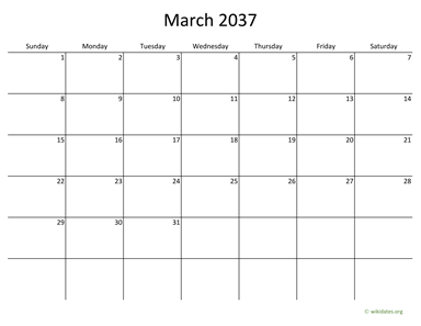 March 2037 Calendar with Bigger boxes