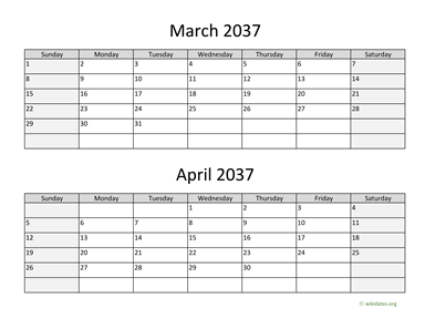 March and April 2037 Calendar Horizontal