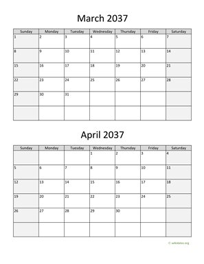March and April 2037 Calendar Vertical