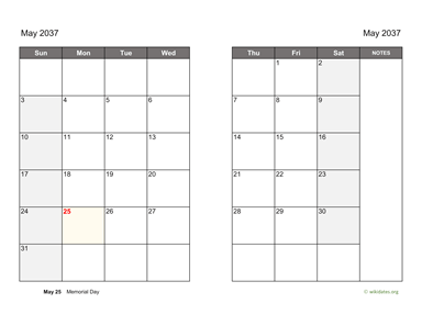 May 2037 Calendar on two pages