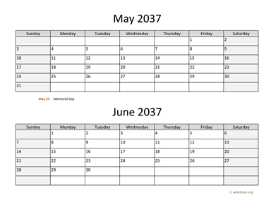 May and June 2037 Calendar Horizontal