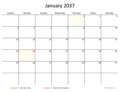 Monthly 2037 Calendar with Bigger boxes