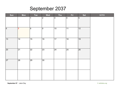September 2037 Calendar with Notes
