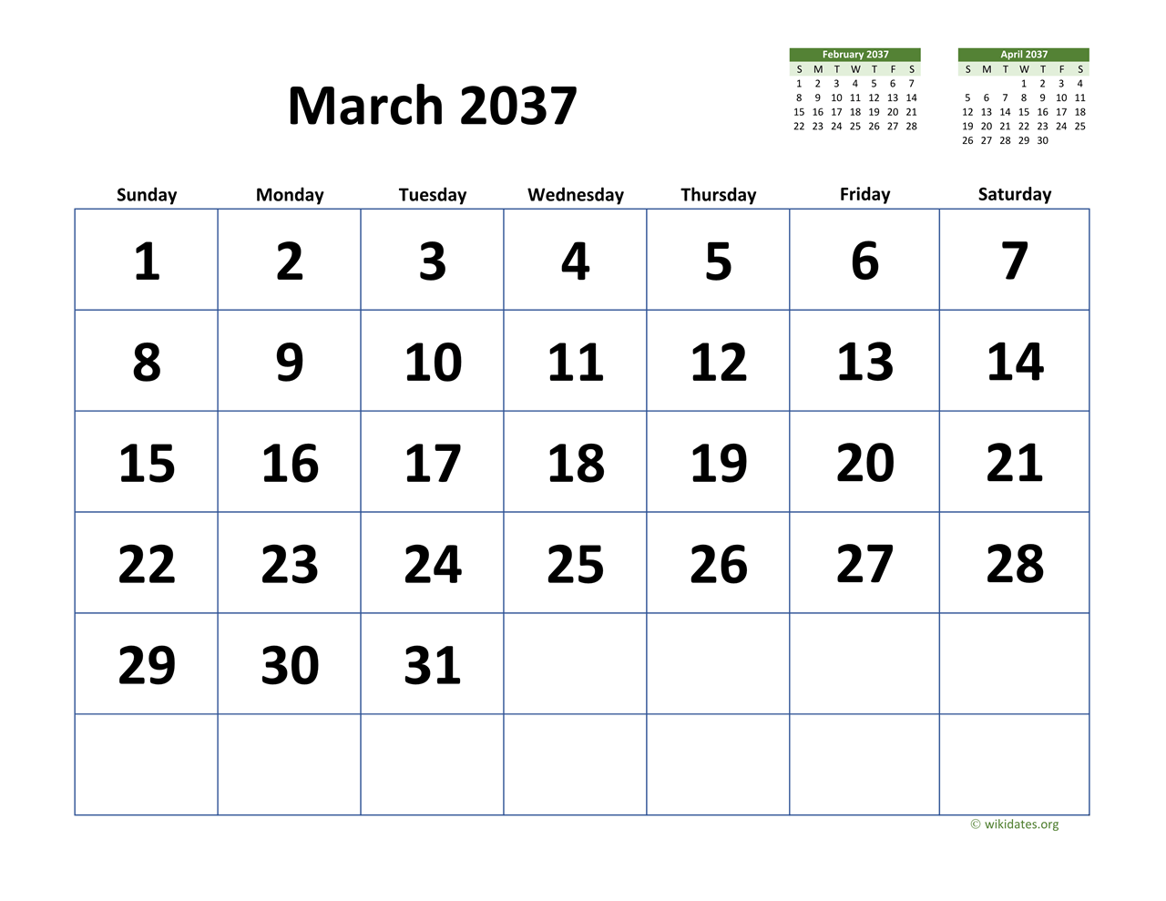 March 2037 Calendar with Extralarge Dates