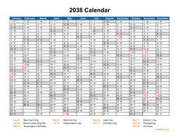 2038 Calendar Horizontal, One Page