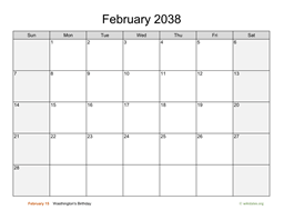 February 2038 Calendar with Weekend Shaded
