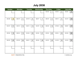 July 2038 Calendar with Day Numbers